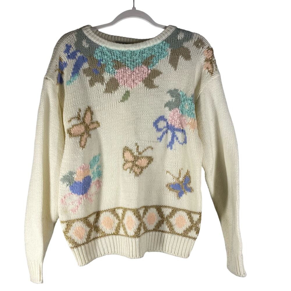 Vintage Knit 80's Sweater Floral Butterfly Metallic Womens Size Medium